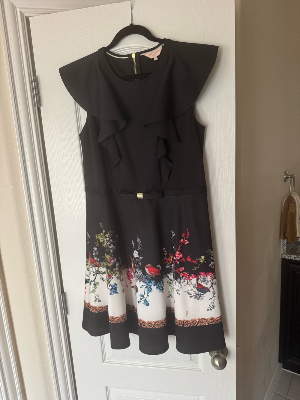 Size 5 Ted Baker London Black Floral Border Dress with Ruffle Bodice